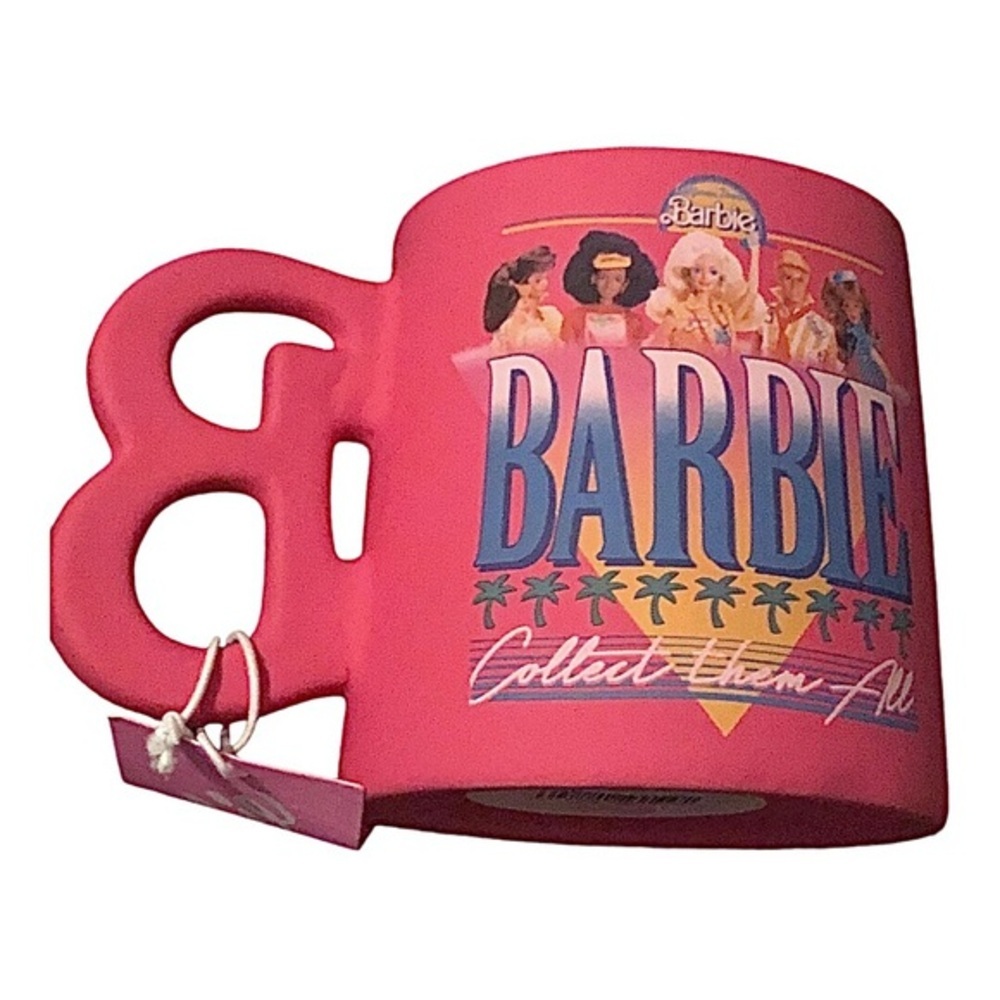 Barbie matte pink Barbie collage print B‎ monogram handle oversized coffee mug